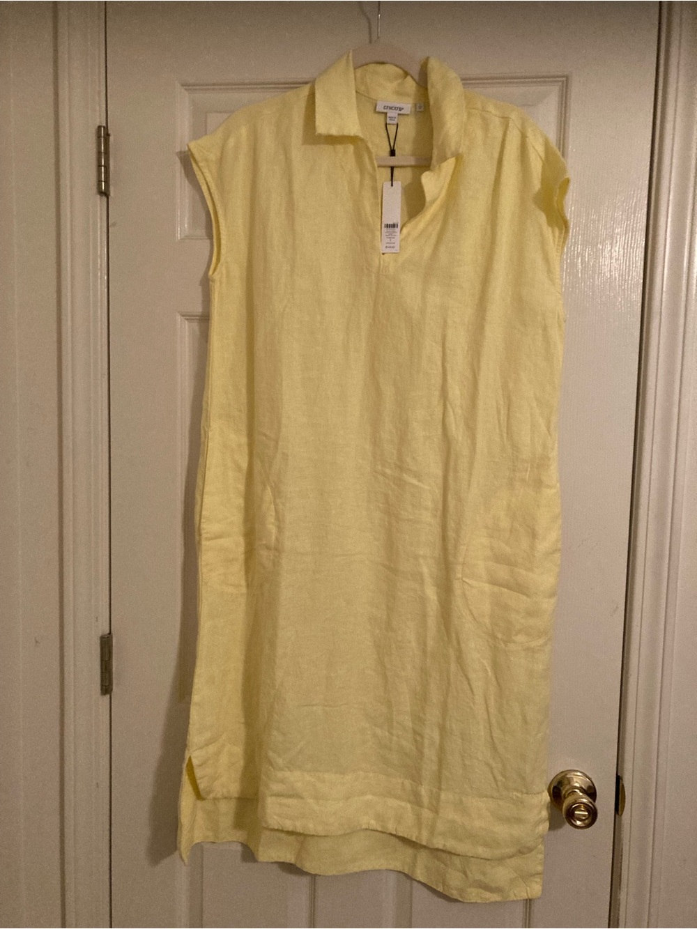 Chico's Yellow Linen Short Tail Dress with Side Pockets. NWT